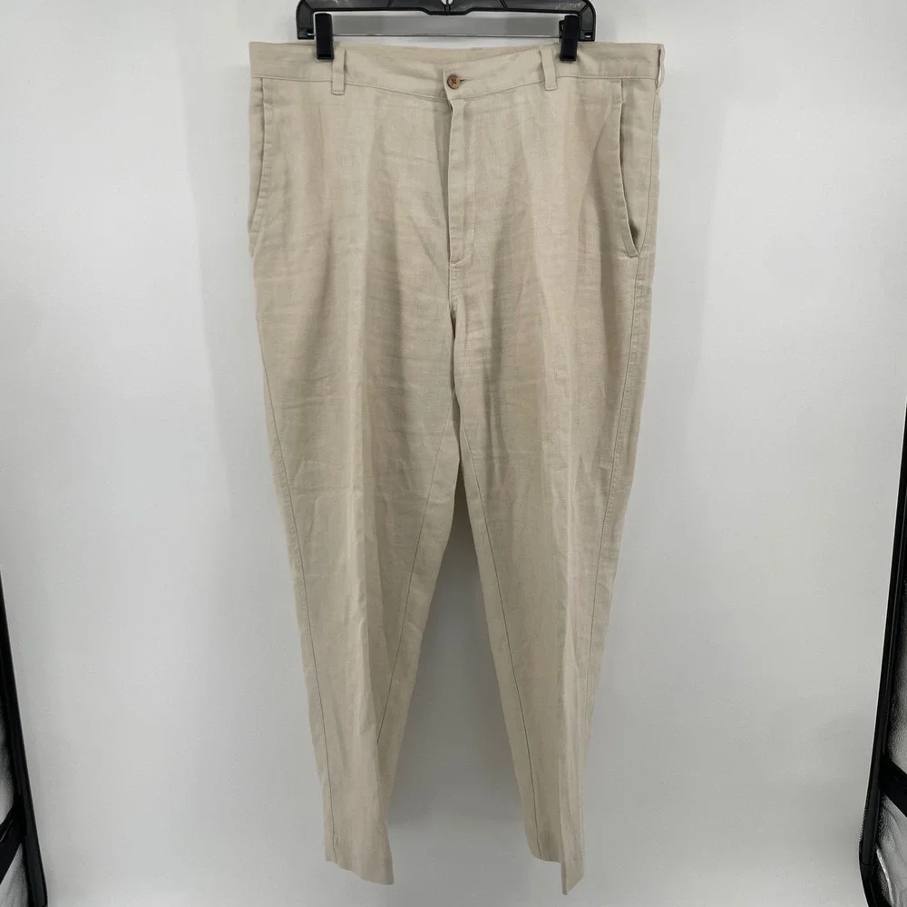 Jos. A. Bank Linen Pants Mens 38x29 Beige Flat Front Straight Leg Casual Summer